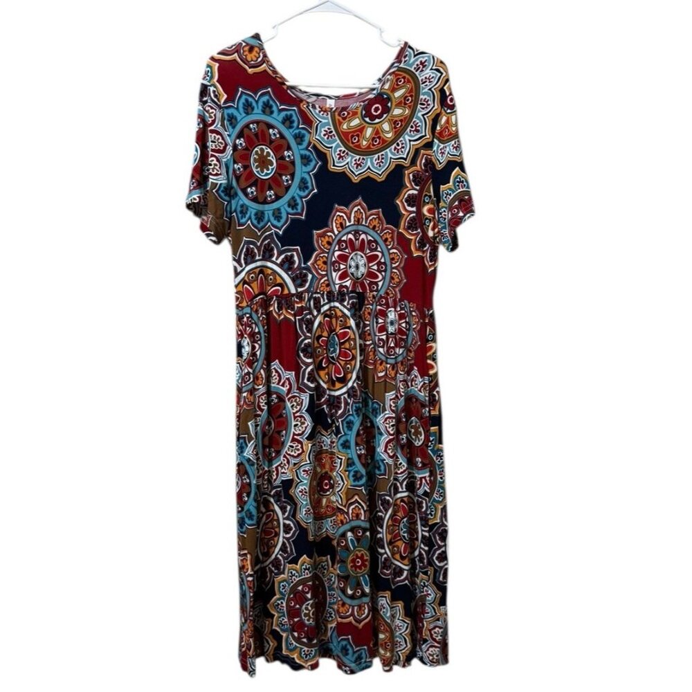 DB Moon Women Size Large Mandala‎ Dress Short Sleeve Tiered Pleated Stretch City